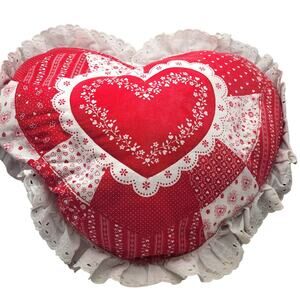 Vintage Heart Pillow 12" Red White Lace Trim Patchwork Cottagecore Decor Cute